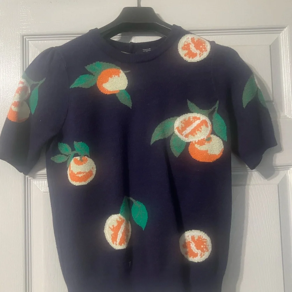 Tahari Navy Blue Top with Orange and Green Accents - Picture 1 of 2